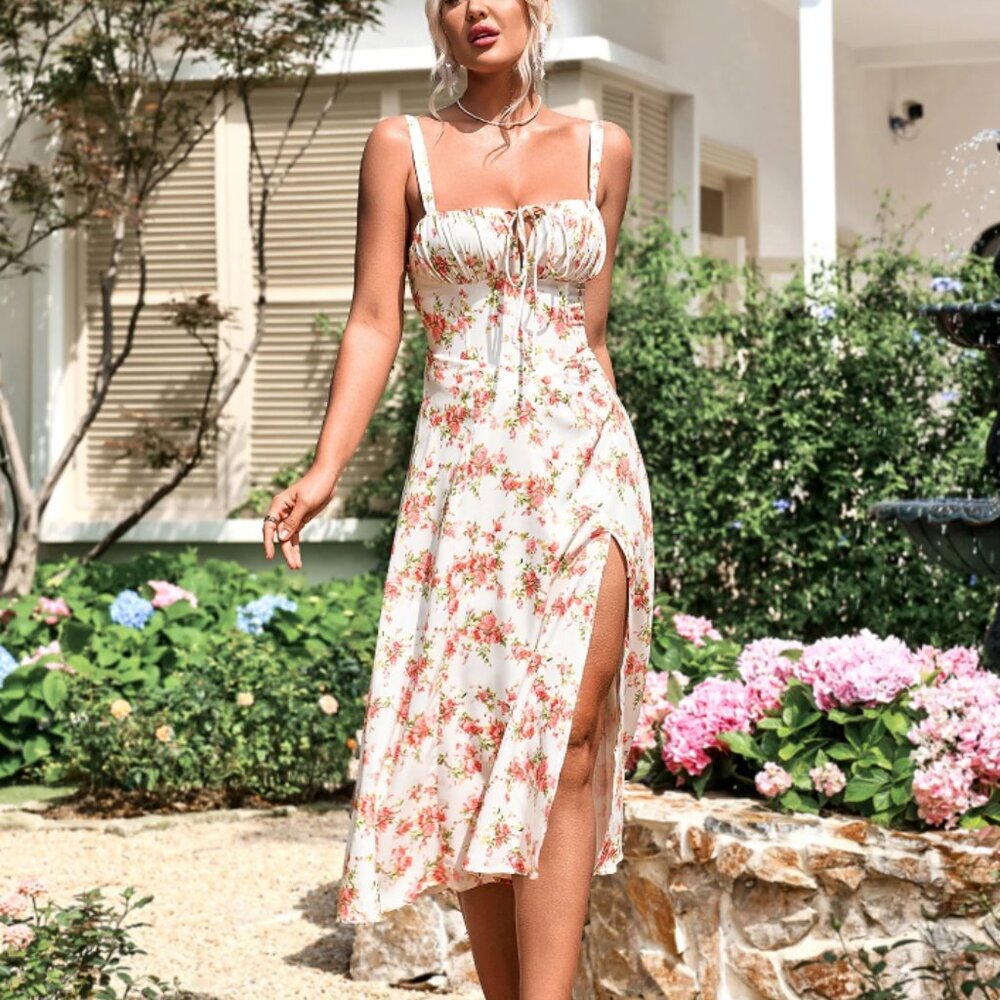 Courecrop * “Giselle” Floral Lace-Up Flowy Dress * Size XL (10/12)